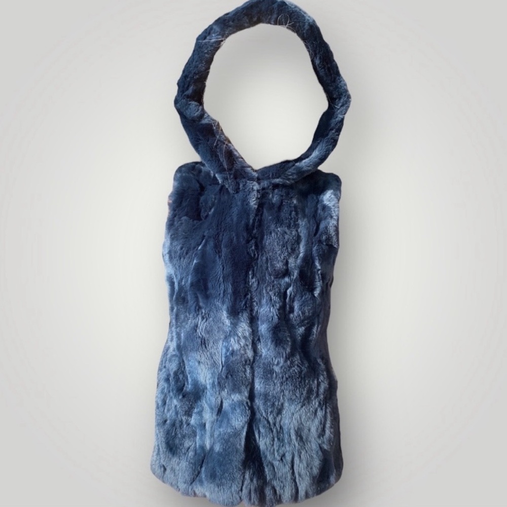 Jocelyn Blue Rabbit Fur Hooded Vest Size M